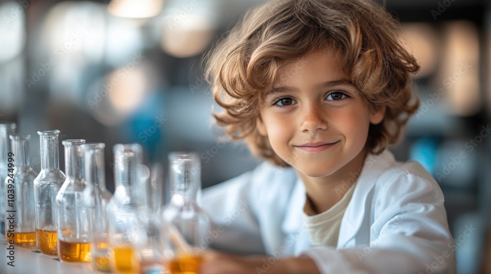 A young boy in a lab coat smiles beside test tubes filled with liquid. A young boy in a lab coat smiles beside test tubes filled with liquid.