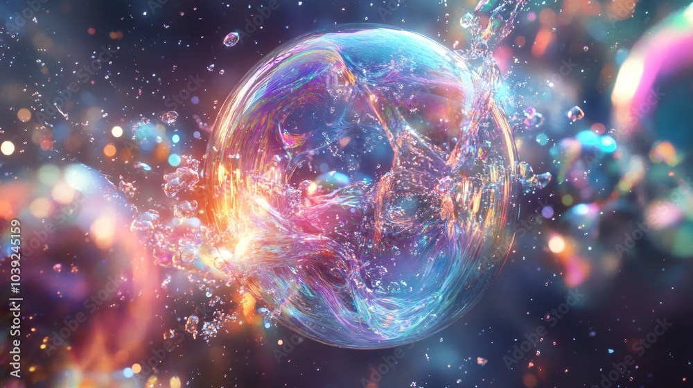 Abstract iridescent bubble with colorful lights and particles floating around. Abstract iridescent bubble with colorful lights and particles floating around.