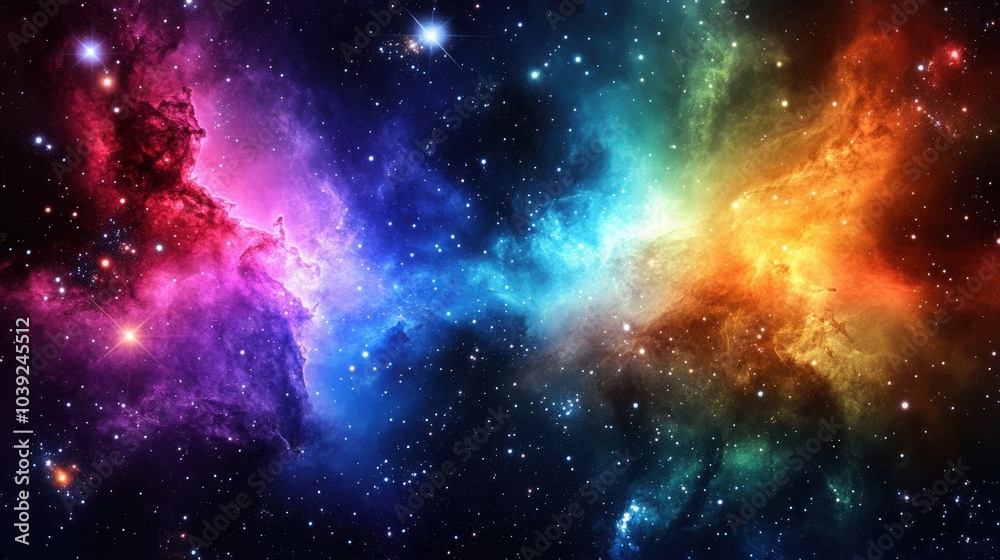 A captivating cosmic image of a colorful nebula, beautifully intertwined with galaxy clouds and set against a starry night. A captivating cosmic image of a colorful nebula, beautifully intertwined with galaxy clouds and set against a starry night.