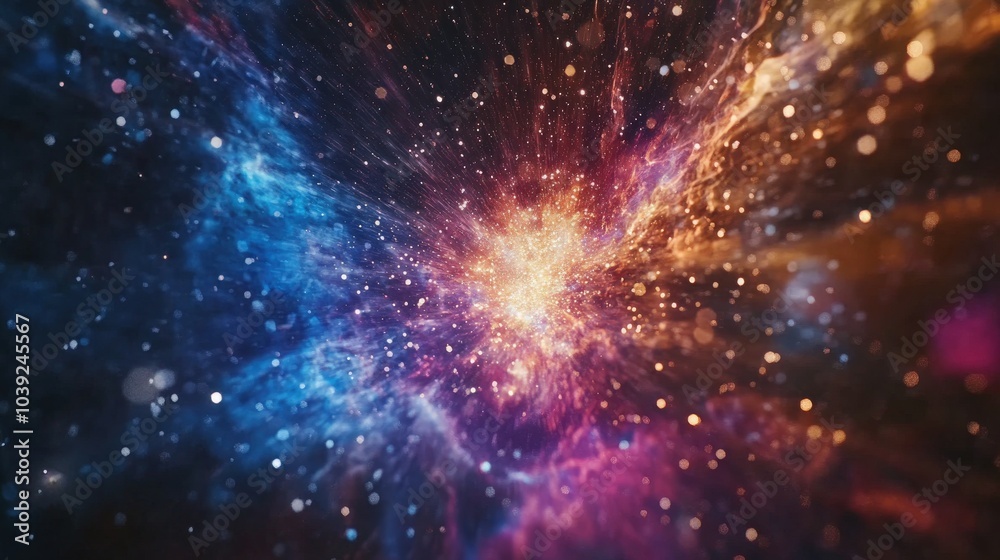 A captivating cosmic image showcasing a vibrant nebula surrounded by glittering galaxies, rendered in an abstract style that highlights the beauty and mystery of the universe.