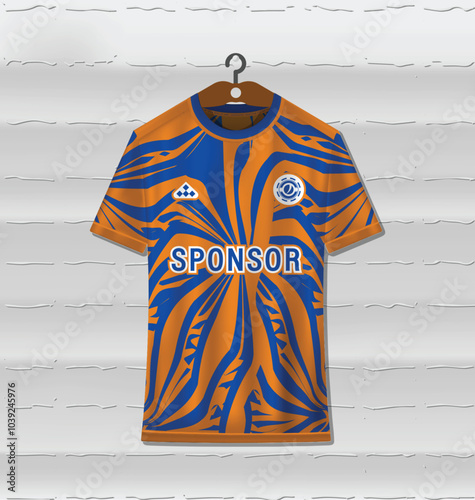 Sports jersey design with blue and orange abstract pattern easy for sublimation printing