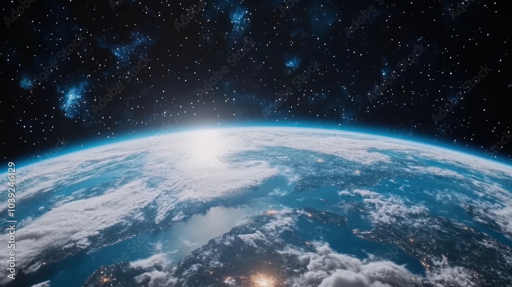 A cinematic image of Earth from space, showcasing white cloud formations over blue oceans, A cinematic image of Earth from space, showcasing white cloud formations over blue oceans,