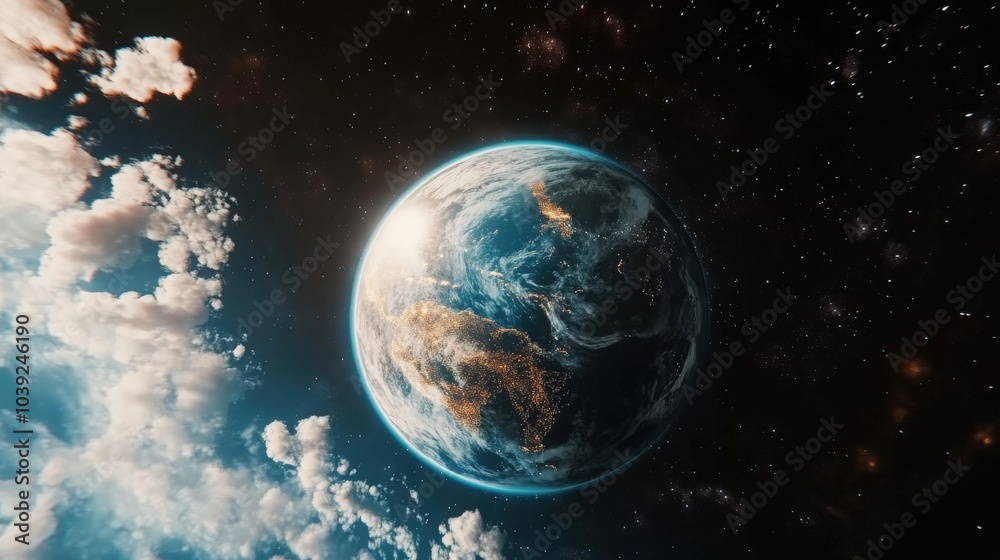 Obraz premium A cinematic image of Earth with bright clouds gently drifting across the globe, as the planet is set against a vast, dark space filled with distant stars and cosmic wonders