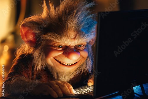 A smiling Troll smiling looking at his computer screen , illustrating trolls on the internet, hate speech, cyberbullying , online harassment ,doxing  photo