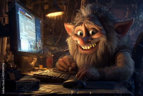 A smiling Troll smiling looking at his computer screen , illustrating trolls on the internet, hate speech, cyberbullying , online harassment ,doxing  photo