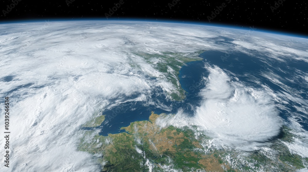 A crisp and detailed space view of Europe on Planet Earth, with lush green landscapes and swirling clouds. A crisp and detailed space view of Europe on Planet Earth, with lush green landscapes and swirling clouds.
