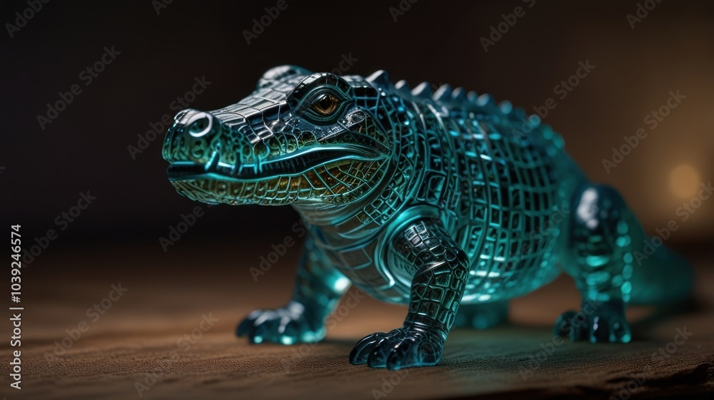 Obraz premium A glass crocodile figurine with a glowing blue light in a dark background.