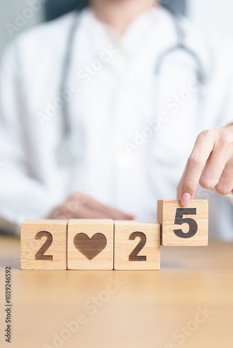 Happy New Year 2025 with doctor. health care, Insurance, donation, Wellness and medical concepts