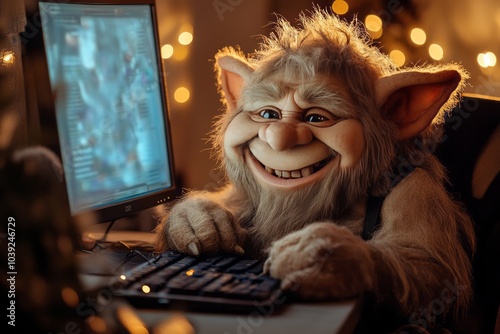 A smiling Troll smiling looking at his computer screen , illustrating trolls on the internet, hate speech, cyberbullying , online harassment ,doxing  photo