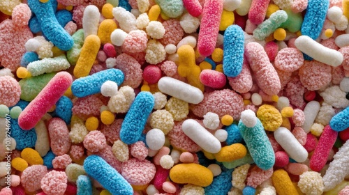 Explore the intricacies of diverse bacteria in vivid colors, highlighting their unique structures and arrangements under close observation