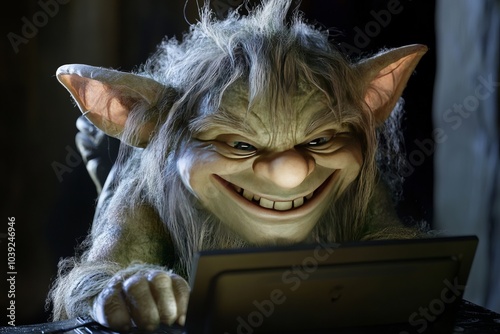 A smiling Troll smiling looking at his computer screen , illustrating trolls on the internet, hate speech, cyberbullying , online harassment ,doxing  photo