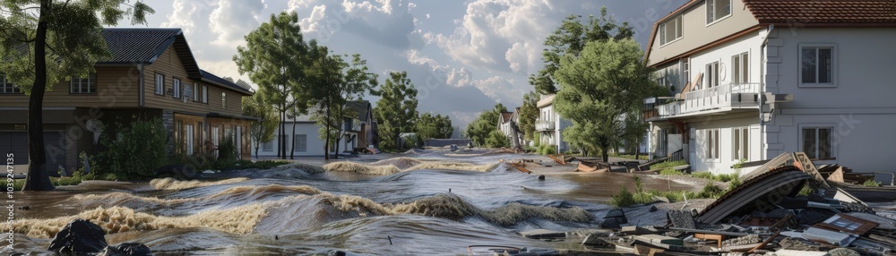 Showcase the consequences of natural disasters with detailed 3D illustrations of property damage and displacement Showcase the consequences of natural disasters with detailed 3D illustrations of property damage and displacement