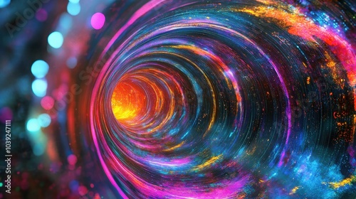 A dynamic and colorful 3D illustration showcasing an abstract flight in a retro neon hyper warp space tunnel.