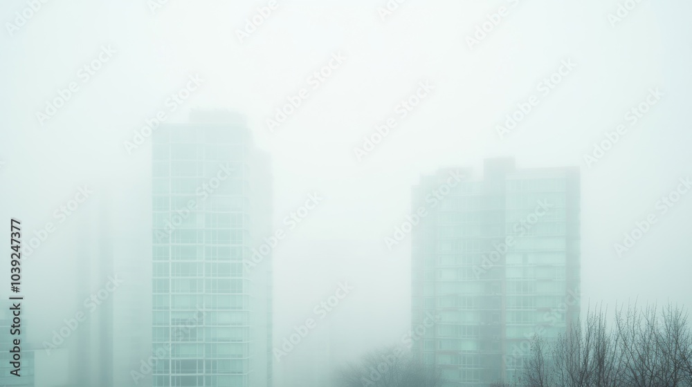 The city skyline is shrouded in fog, with towering high rises barely visible, creating an eerie yet serene atmosphere The city skyline is shrouded in fog, with towering high rises barely visible, creating an eerie yet serene atmosphere