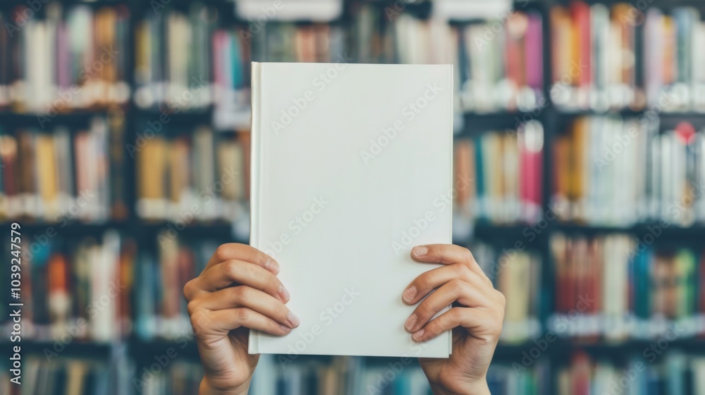 Two hands are presenting a blank book in a library surrounded by numerous colorful books on shelves, showcasing a moment of potential Two hands are presenting a blank book in a library surrounded by numerous colorful books on shelves, showcasing a moment of potential