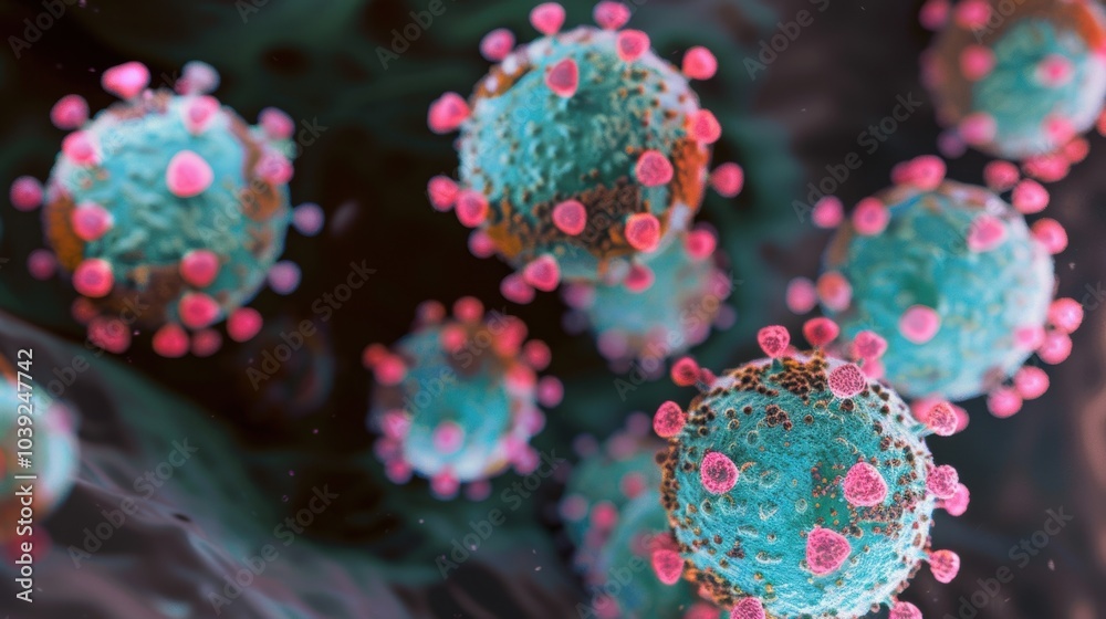 The image showcases virus cells, highlighting their intricate structure and surface features in a detailed microscopic view The image showcases virus cells, highlighting their intricate structure and surface features in a detailed microscopic view
