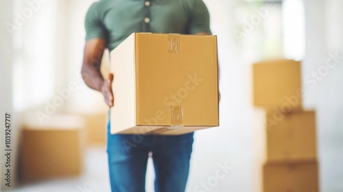 A man is focused on carrying a cardboard box while moving, surrounded by additional packed boxes in a brightly lit area photo