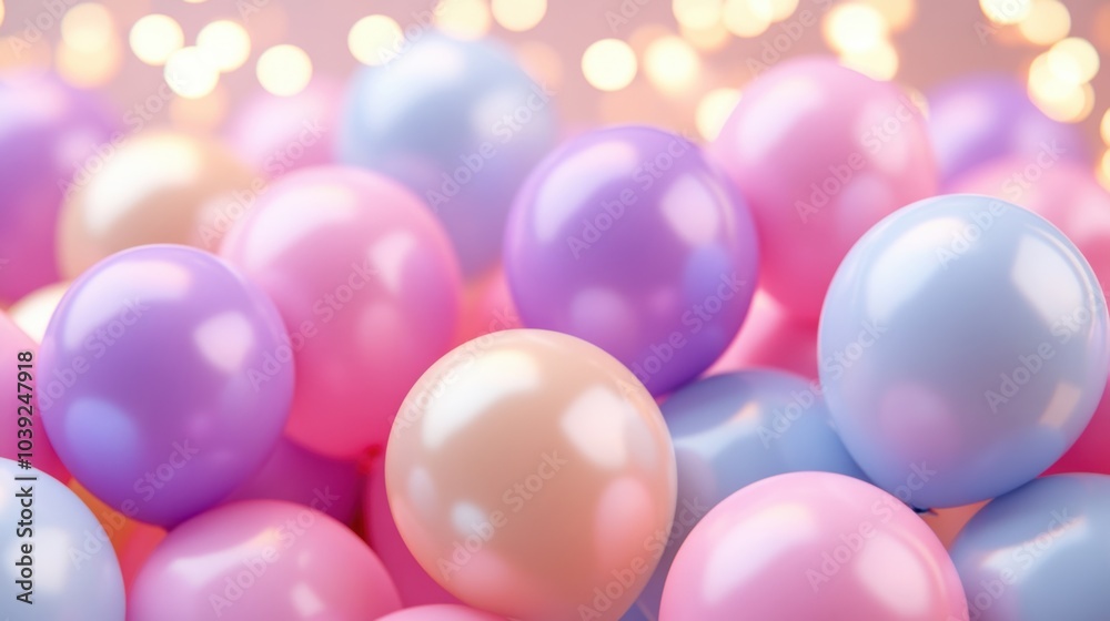 A delightful assortment of pink and purple balloons reflects a festive mood, enhanced by soft, warm lighting in the background