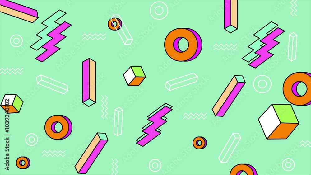Vibrant 90s inspired geometric pattern on green background seamless 4k video background motion pop art design Vibrant 90s inspired geometric pattern on green background seamless 4k video background motion pop art design