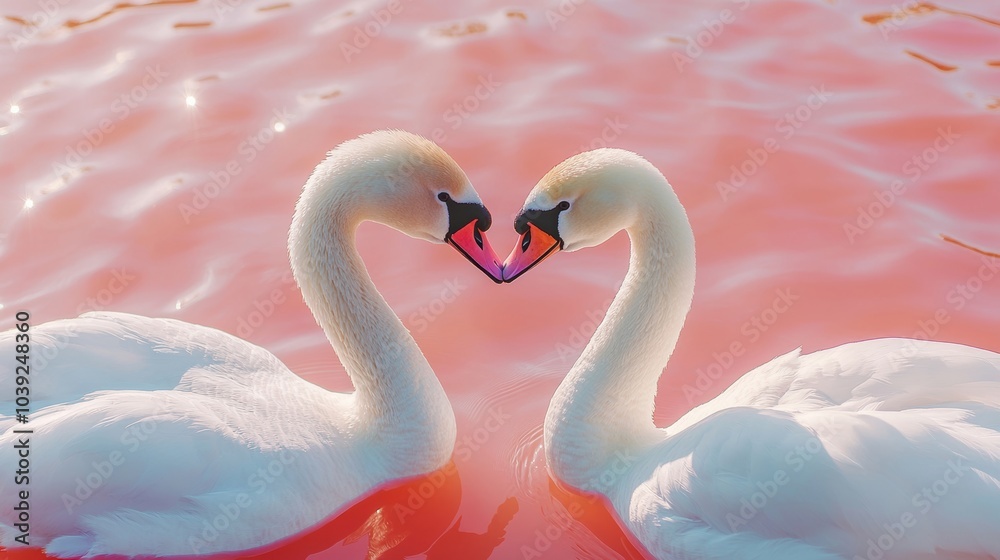 Fototapeta premium Two graceful swans facing each other with their necks forming a heart shape, floating on a pink-hued water surface.
