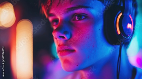 A teenage boy focuses intently on his gaming session, wearing a headset in a brightly lit room decorated with colorful lights