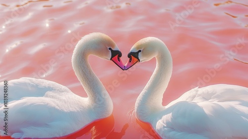 Fototapeta Naklejka Na Ścianę i Meble -  Two graceful swans facing each other with their necks forming a heart shape, floating on a pink-hued water surface.