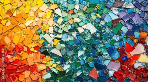 A vibrant, colorful mural created from recycled glass and broken ceramic pieces, arranged to depict a powerful environmental message about reducing waste in the modern world.