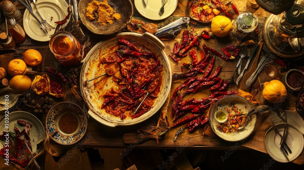 Vibrant Spices and Foods on Rustic Wooden Table Vibrant Spices and Foods on Rustic Wooden Table