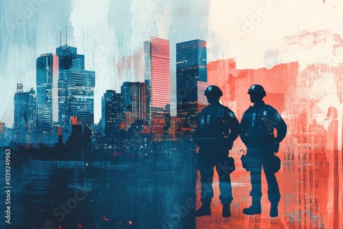 abstract illustration of American law enforcement featuring a city skyline, urban setting and police officers in uniforms , an image that describes the role of modern police, crime, law enforcement 