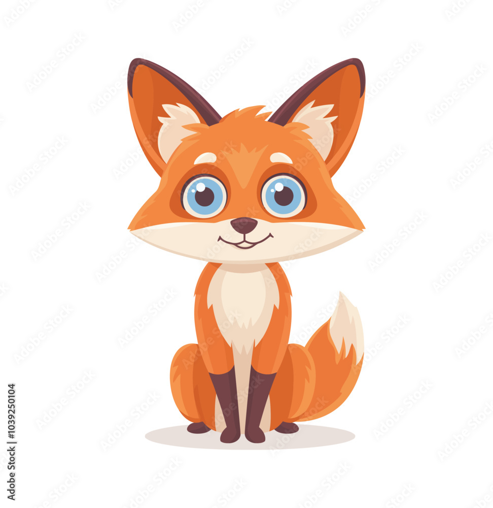 Fototapeta premium A charming cartoon fox with big blue eyes, orange fur, and a friendly expression. The cute character captures the fox's playful and curious nature, perfect for children’s themes and stories.