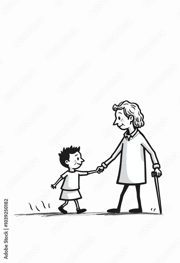 Charming Black and White Line Art Depicting a Child and Elderly Figure Walking Hand in Hand, Capturing the Essence of Care and Movement Charming Black and White Line Art Depicting a Child and Elderly Figure Walking Hand in Hand, Capturing the Essence of Care and Movement