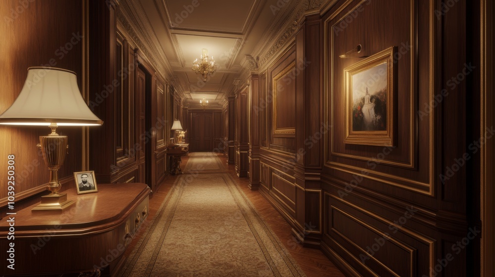Elegant Hotel Corridor with Warm Lighting and Detail Elegant Hotel Corridor with Warm Lighting and Detail
