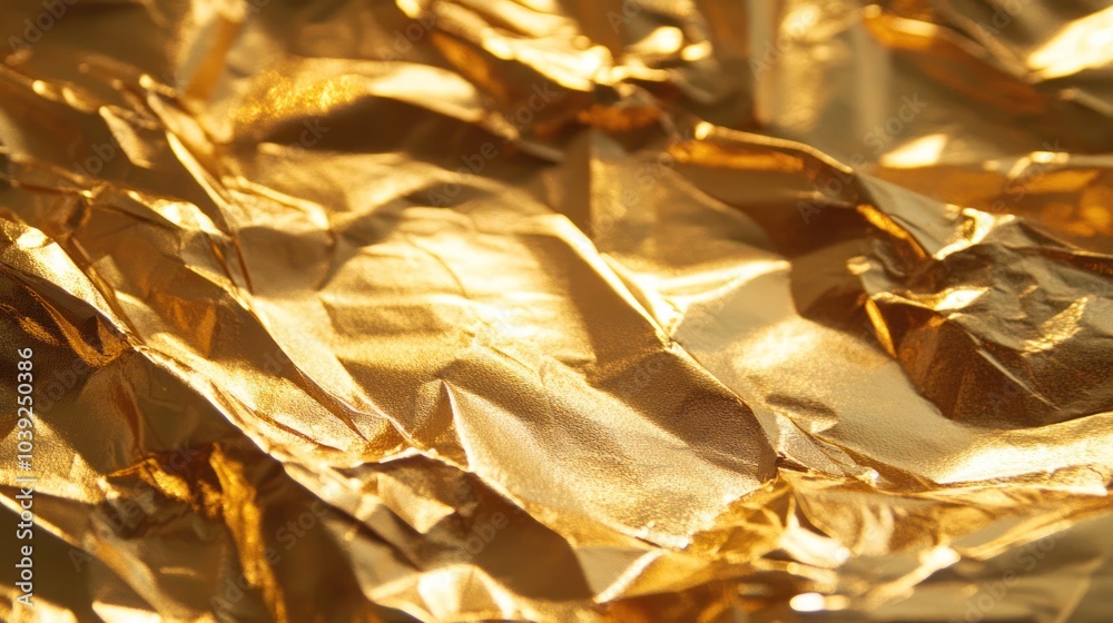 An abstract close-up of gold foil crinkling and folding, with its shimmering surface catching the light in a mesmerizing display of gold hues and fine wrinkles. An abstract close-up of gold foil crinkling and folding, with its shimmering surface catching the light in a mesmerizing display of gold hues and fine wrinkles.