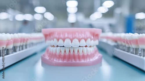 Dental model showcasing realistic teeth and gums on a lab table. photo