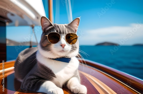 Cat sitting on a yacht with glasses photo