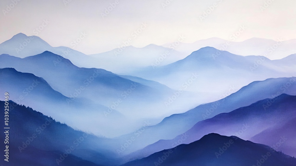 Abstract mountain range with blue and purple hues under a foggy morning sky. Abstract mountain range with blue and purple hues under a foggy morning sky.