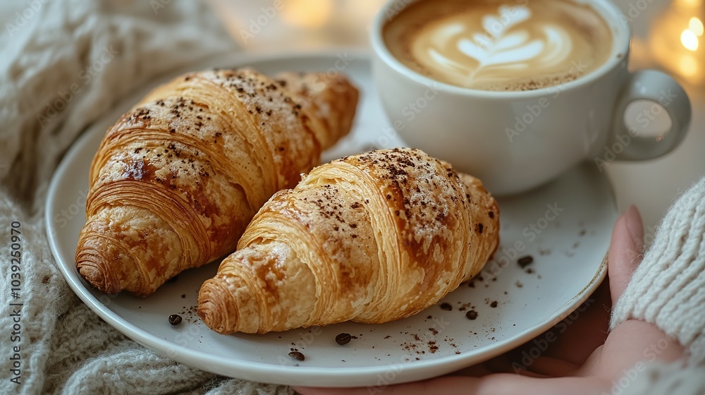 Two Croissants with Coffee on a White Plate Two Croissants with Coffee on a White Plate