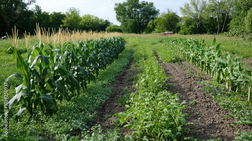 An agroecological farm demonstrating intercropping techniques, where tall crops like corn grow alongside nitrogen-fixing legumes, boosting soil fertility naturally photo