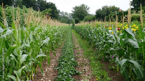 An agroecological farm demonstrating intercropping techniques, where tall crops like corn grow alongside nitrogen-fixing legumes, boosting soil fertility naturally photo