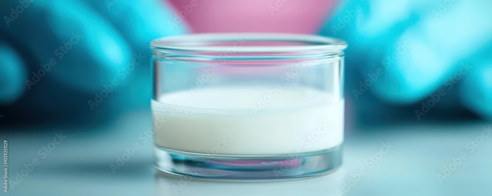 Laboratory glass jar with white liquid, blue gloved hands in background. Laboratory glass jar with white liquid, blue gloved hands in background.