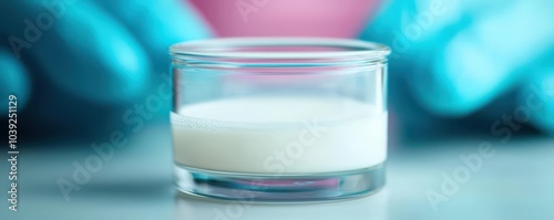 Laboratory glass jar with white liquid, blue gloved hands in background.