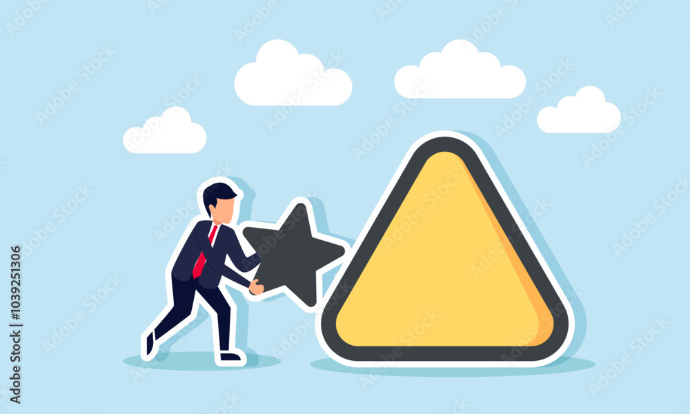 A businessman carrying a star sign approaching a triangular warning sign, illustration of caution and attention to business ratings at risk of declining quality A businessman carrying a star sign approaching a triangular warning sign, illustration of caution and attention to business ratings at risk of declining quality
