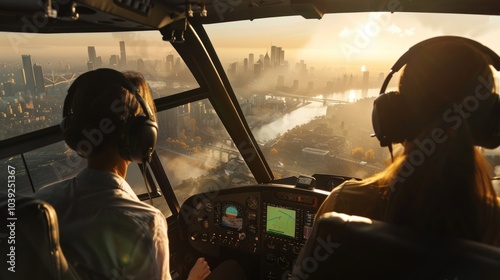 Helicopter View of Cityscape at Sunset