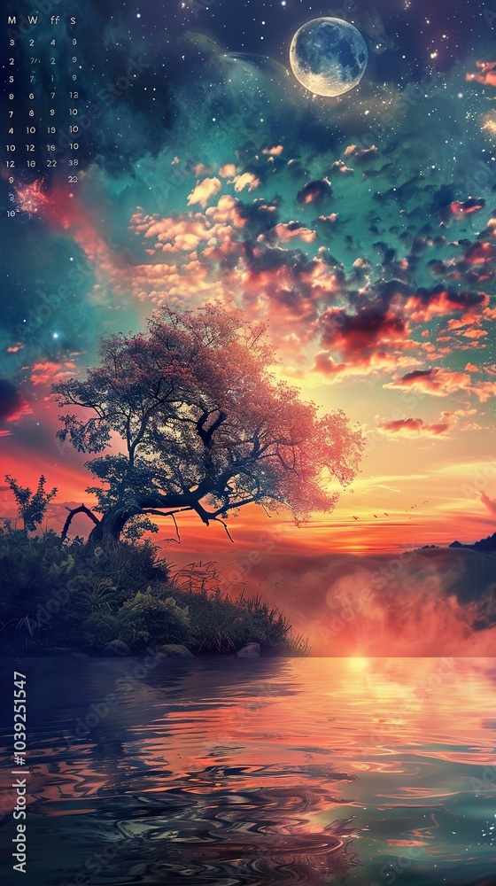 Dreamy Sunset Landscape with a Full Moon Dreamy Sunset Landscape with a Full Moon