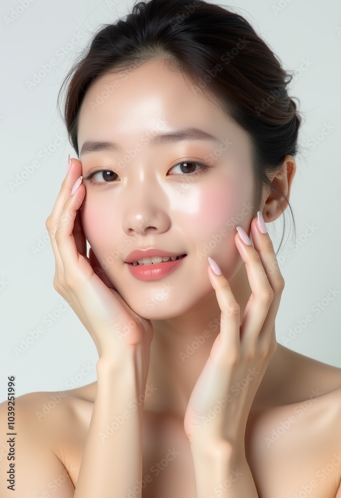 Charming Korean Woman: Capturing the Essence of Beauty with Smooth Skin and Natural Hair, Touching Her Face in a Minimalist White Setting Charming Korean Woman: Capturing the Essence of Beauty with Smooth Skin and Natural Hair, Touching Her Face in a Minimalist White Setting