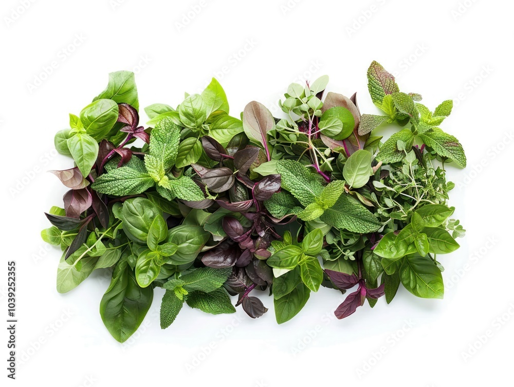 A colorful and textured display of various fresh herbs including basil and mint A colorful and textured display of various fresh herbs including basil and mint