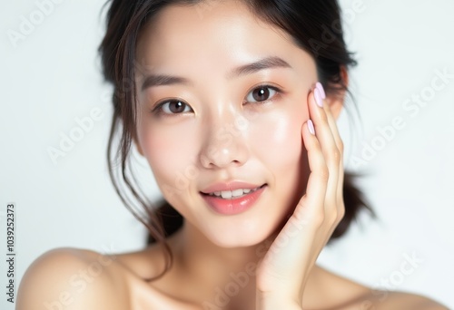 Elegant Korean Beauty: A Flawless Portrait of a Woman with Soft Curves and Natural Makeup Against a Simple White Background