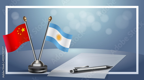China and Argentina Small national flag on bokeh background, cooperative relationship