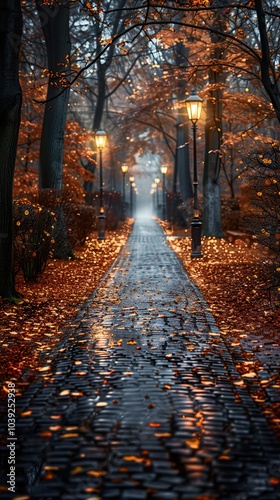 Cobblestone Path Through Autumn Forest with Streetlights