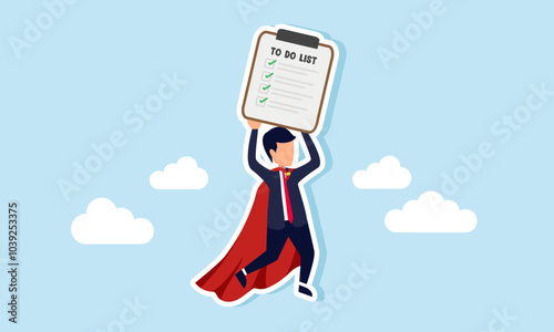 A super businessman flying while holding a to-do list, illustration of a successful entrepreneur boosting business performance by completing tasks from the organized list